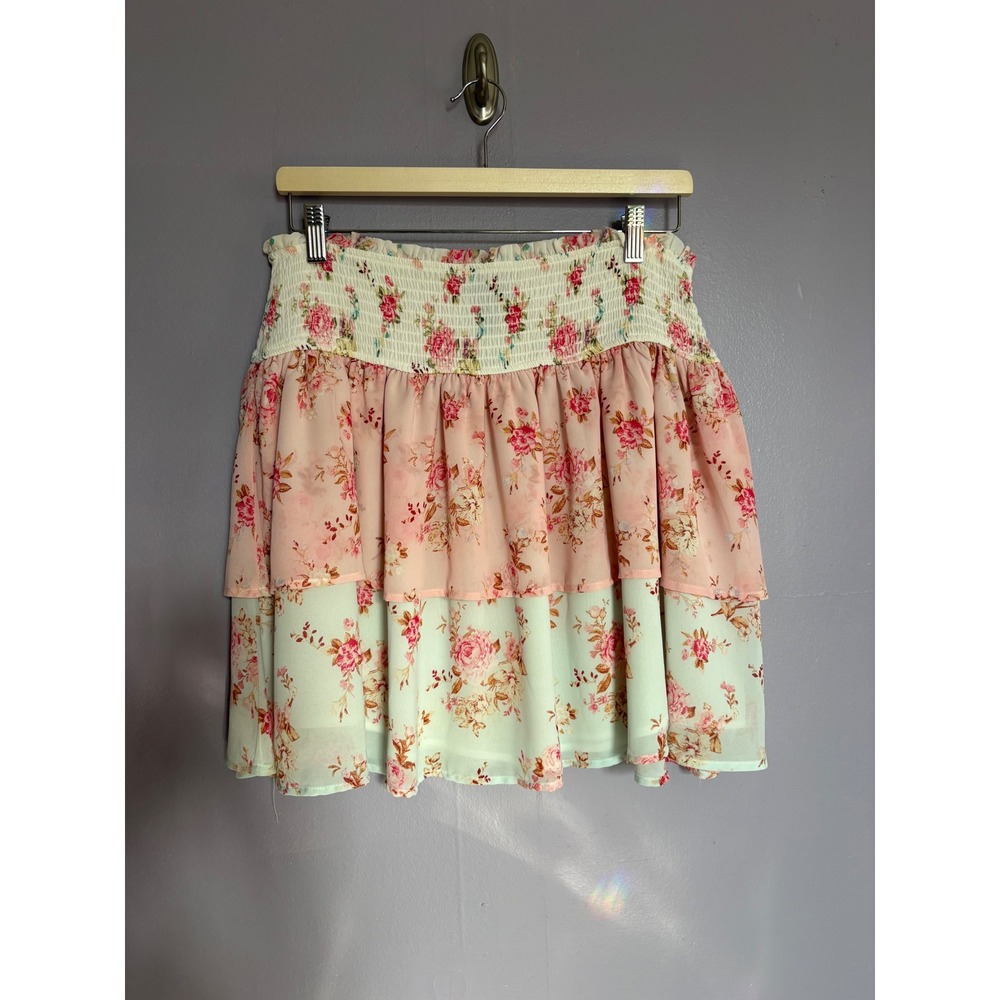 Fairycore Cottage Floral Tiered Mini Skirt Pink Mint Green Chiffon Ruffle XL